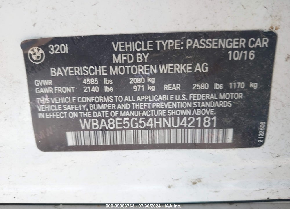 2017 BMW 320I XDRIVE VIN: WBA8E5G54HNU42181