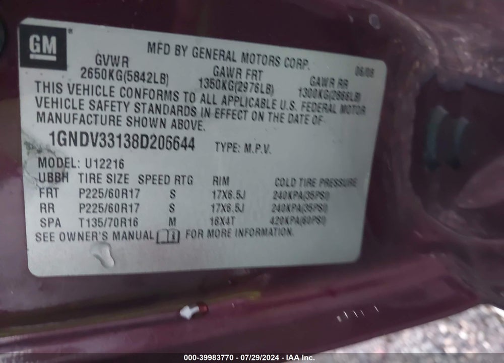 2008 CHEVROLET UPLANDER VIN: 1GNDV33138D206644