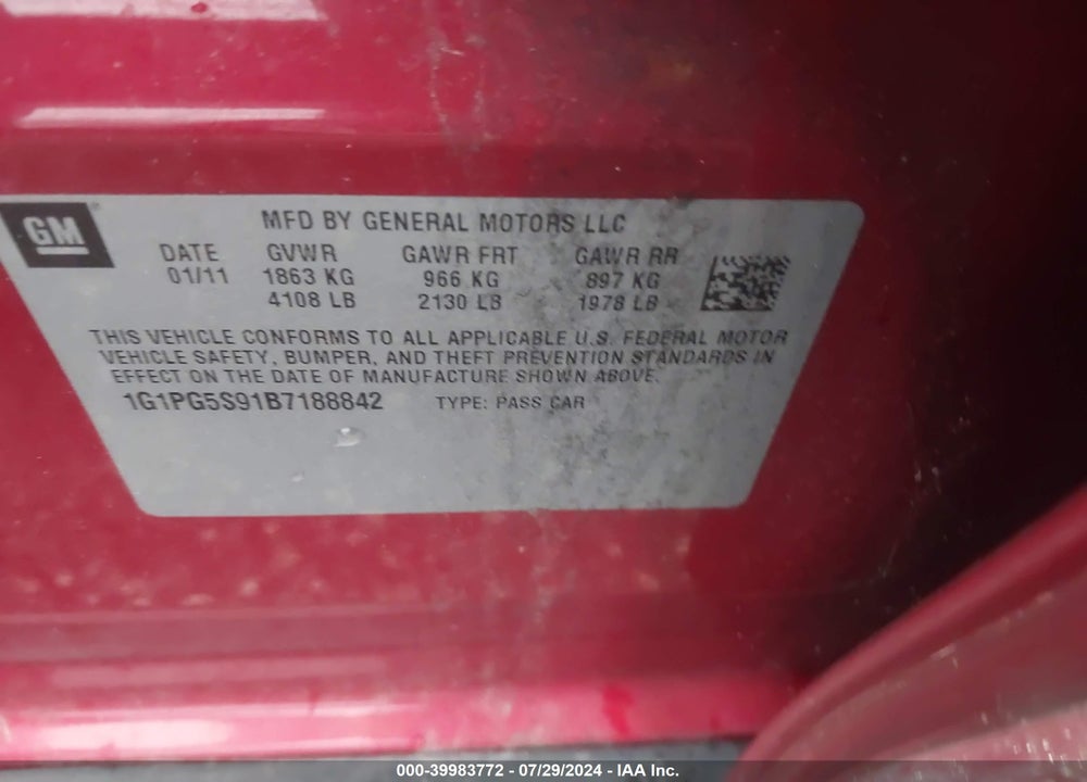2011 CHEVROLET CRUZE 2LT VIN: 1G1PG5S91B7188842