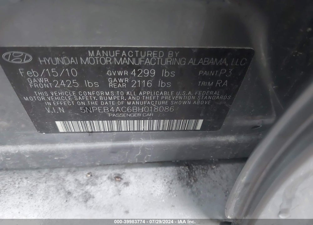 2011 HYUNDAI SONATA VIN: 5NPEB4AC6BH018086