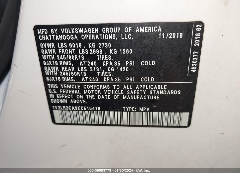 2019 VOLKSWAGEN ATLAS 3.6L V6 SE VIN: 1V2LR2CA9KC515419