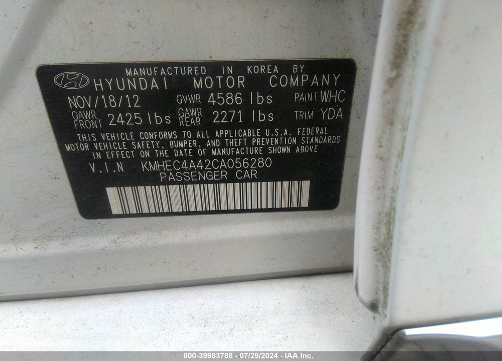 2012 HYUNDAI SONATA HYBRID VIN: KMHEC4A42CA056280