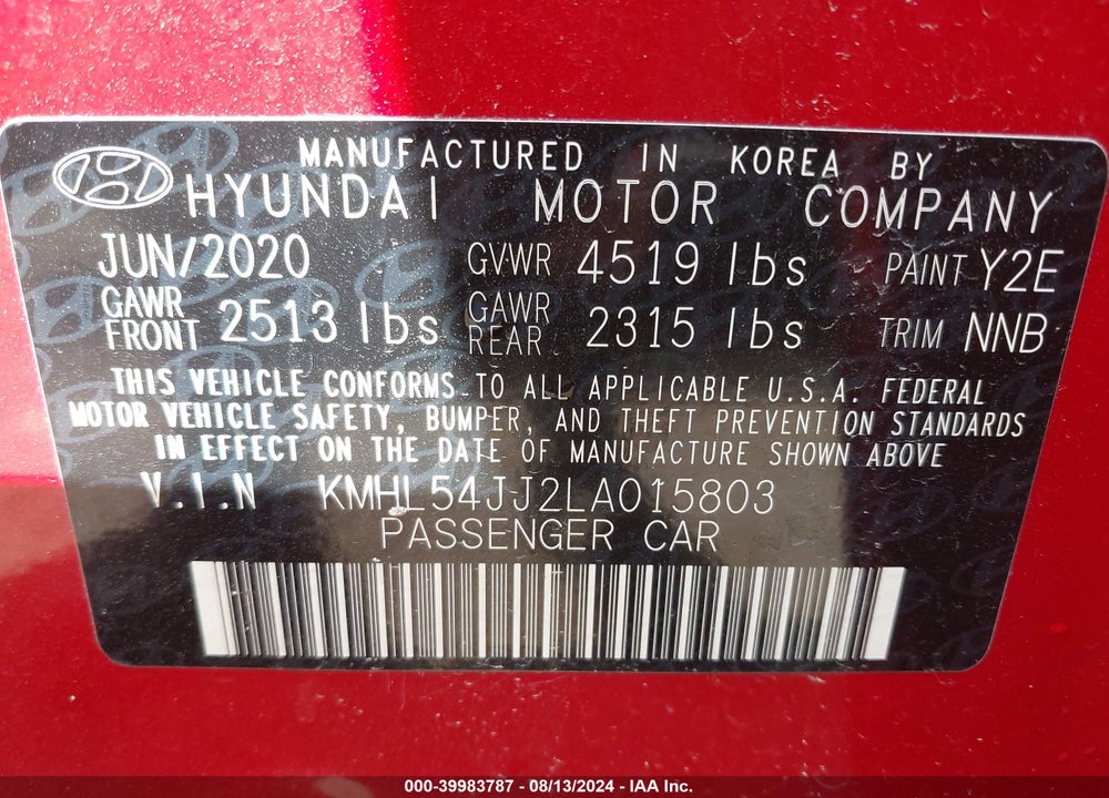 2020 HYUNDAI SONATA HYBRID LIMITED VIN: KMHL54JJ2LA015803