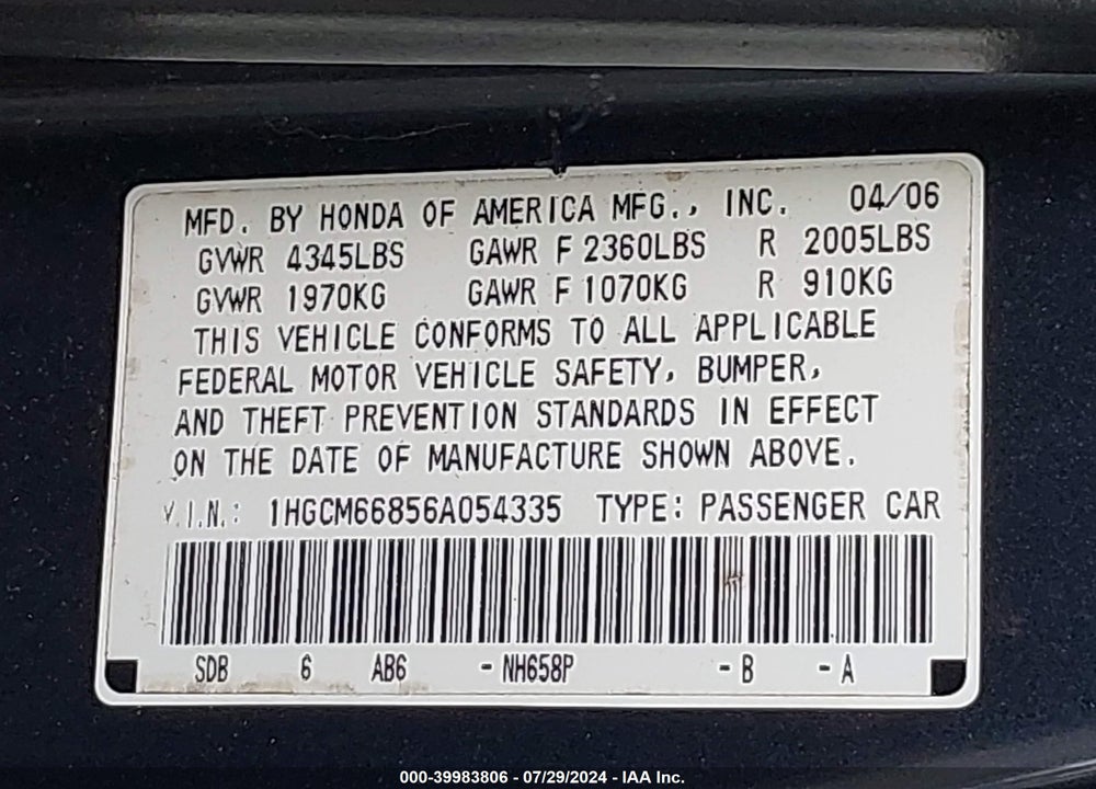 2006 HONDA ACCORD SDN EX-L V6 WITH NAVI VIN: 1HGCM66856A054335