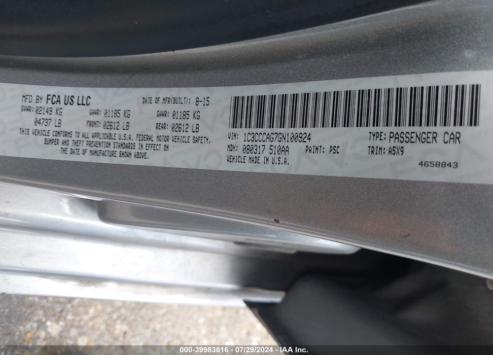2016 CHRYSLER 200 LIMITED VIN: 1C3CCCAG7GN100924