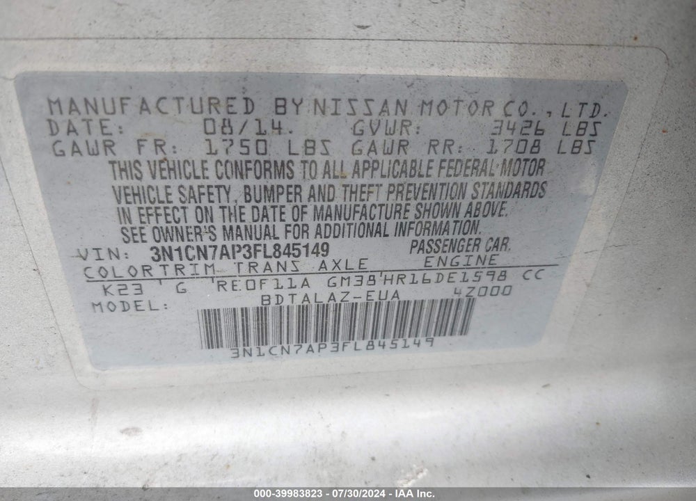 2015 NISSAN VERSA 1.6 S+ VIN: 3N1CN7AP3FL845149