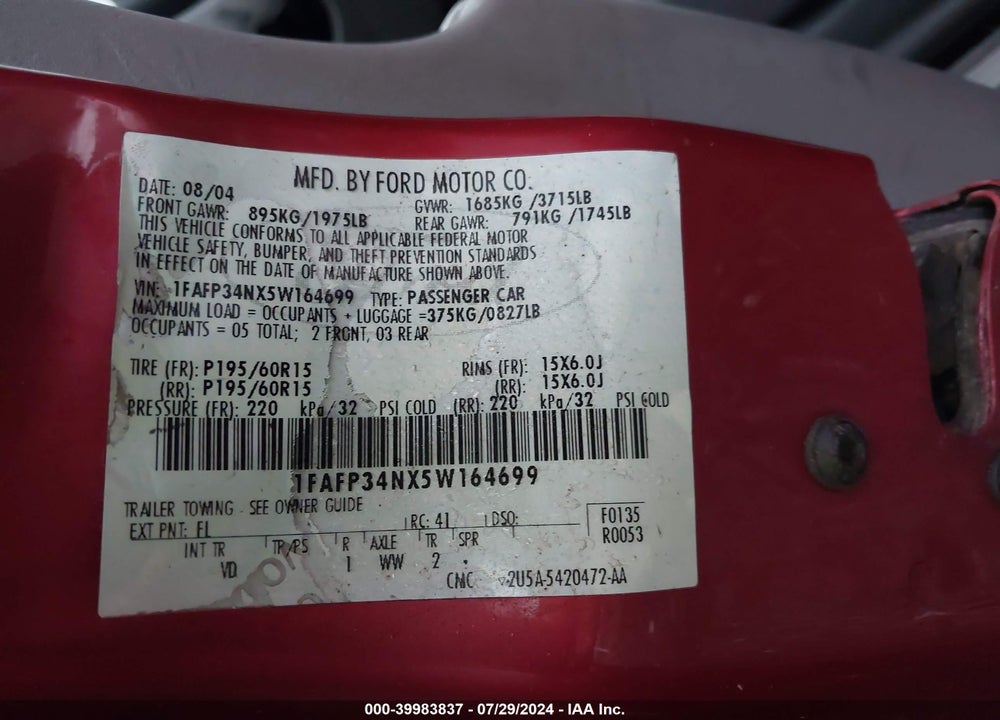 2005 FORD FOCUS VIN: 1FAFP34NX5W164699