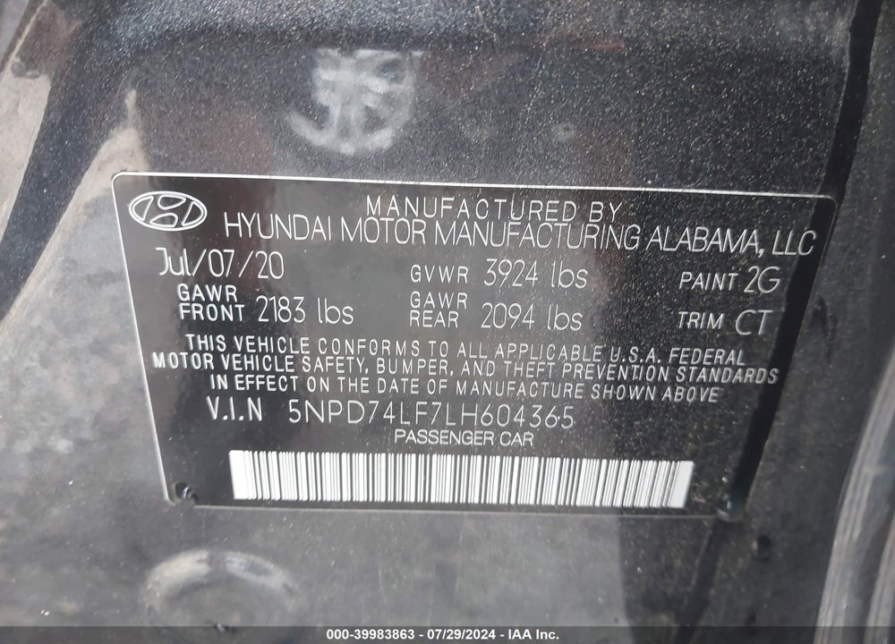 2020 HYUNDAI ELANTRA SE VIN: 5NPD74LF7LH604365