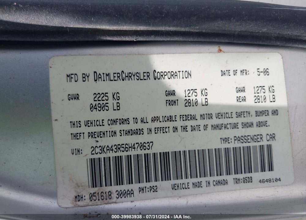 2006 CHRYSLER 300 VIN: 2C3KA43R56H470637
