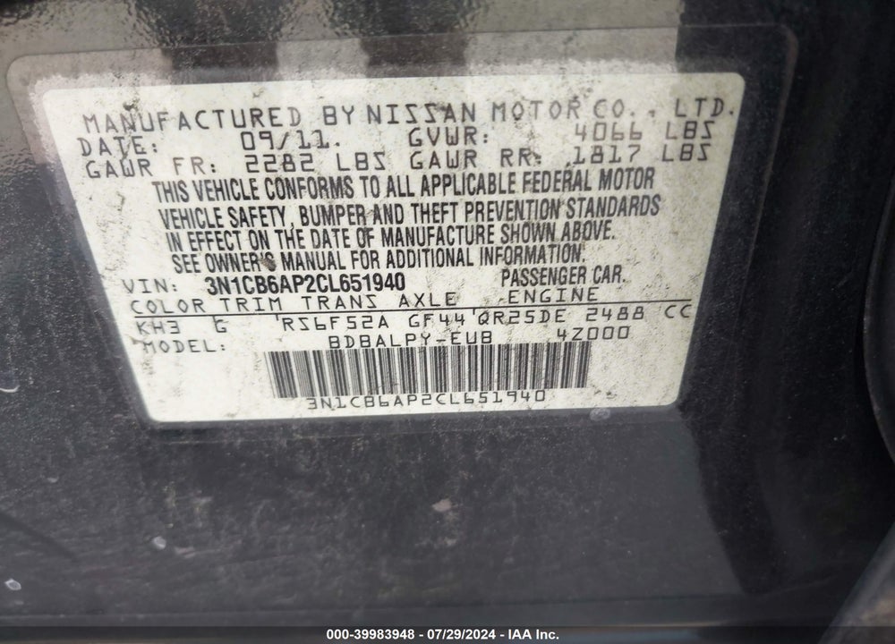 2012 NISSAN SENTRA SE-R SPEC V VIN: 3N1CB6AP2CL651940