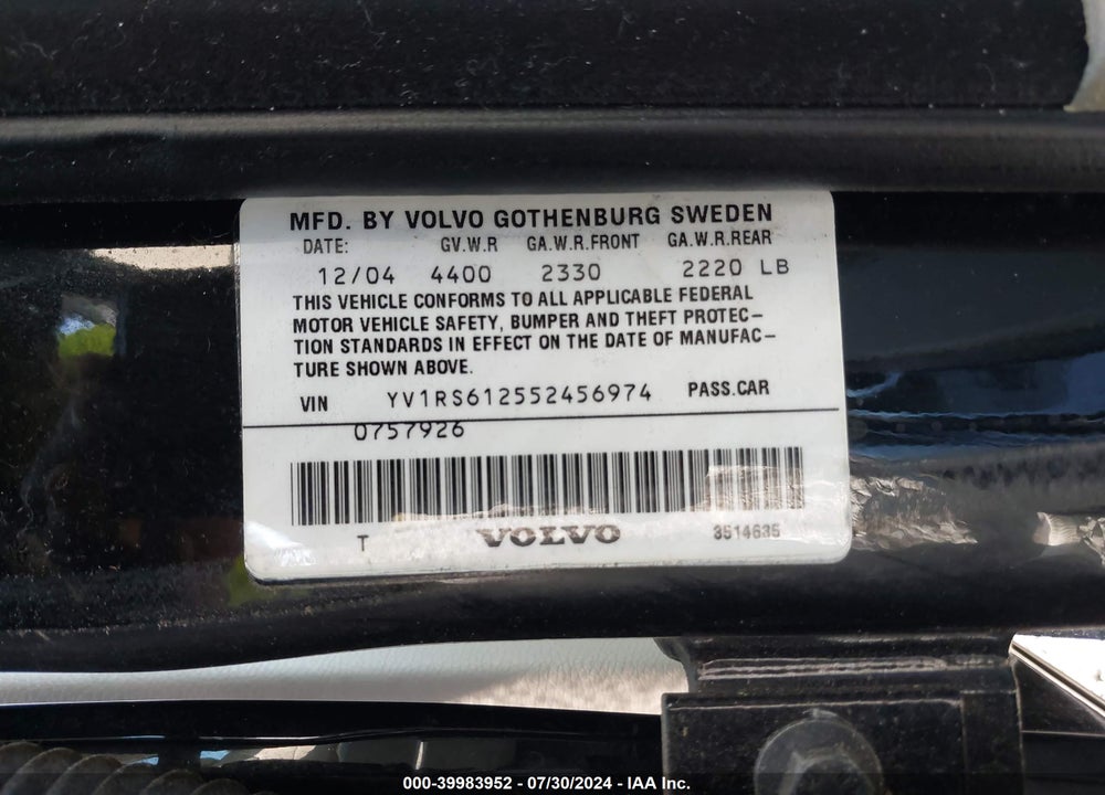 2005 VOLVO S60 2.4 VIN: YV1RS612552456974