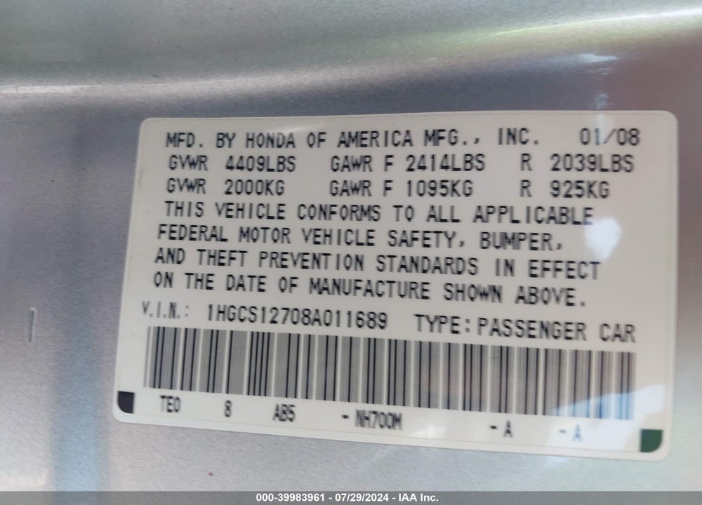 2008 HONDA ACCORD 2.4 EX VIN: 1HGCS12708A011689