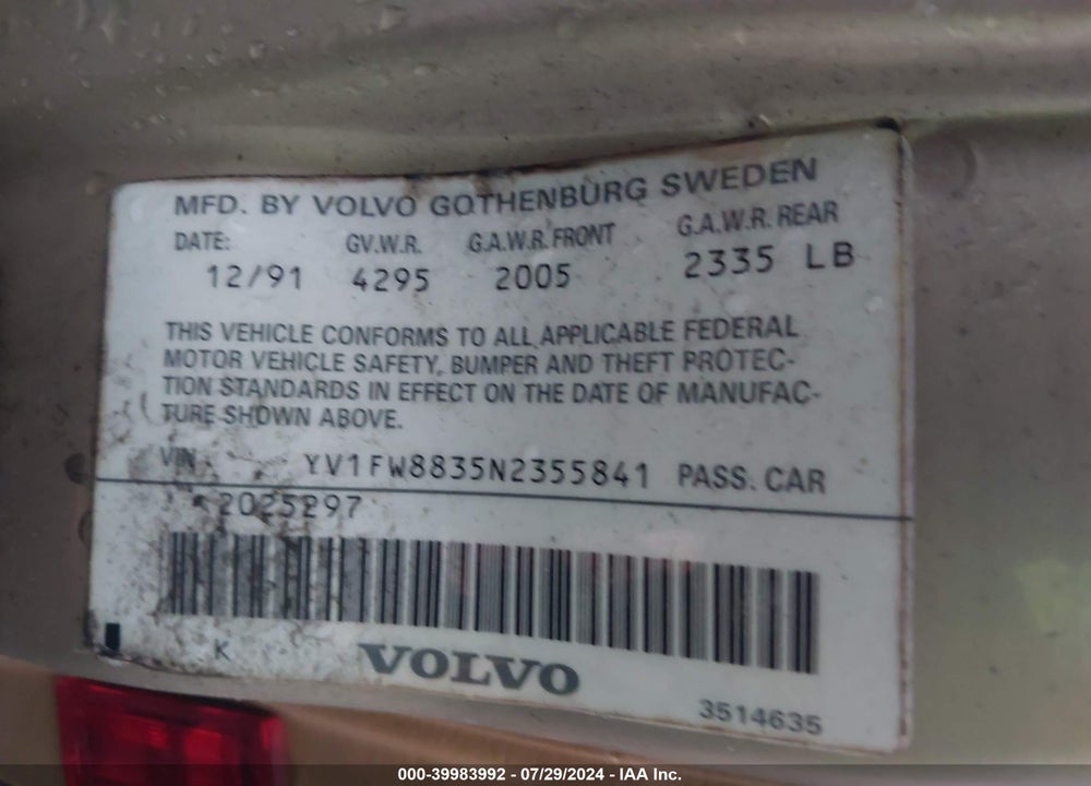 1992 VOLVO 740 VIN: YV1FW8835N2355841