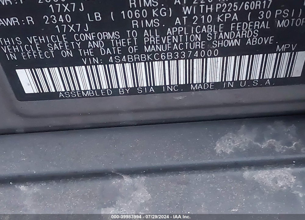 2011 SUBARU OUTBACK 2.5I LIMITED VIN: 4S4BRBKC6B3374000