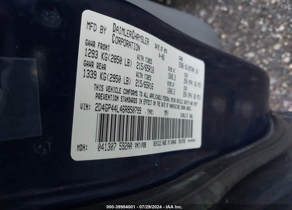 2006 DODGE GRAND CARAVAN SXT VIN: 2D4GP44L46R850799