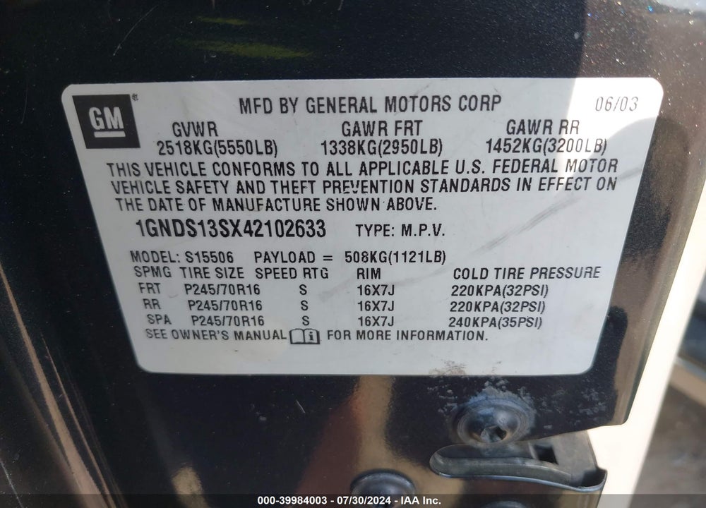 2004 CHEVROLET TRAILBLAZER LS VIN: 1GNDS13SX42102633