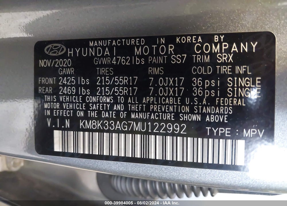 2021 HYUNDAI KONA ELECTRIC LIMITED VIN: KM8K33AG7MU122992