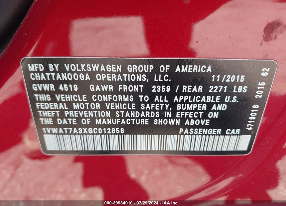 2016 VOLKSWAGEN PASSAT 1.8T S VIN: 1VWAT7A3XGC012658