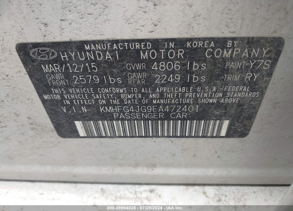 2015 HYUNDAI AZERA VIN: KMHFG4JG9FA472401