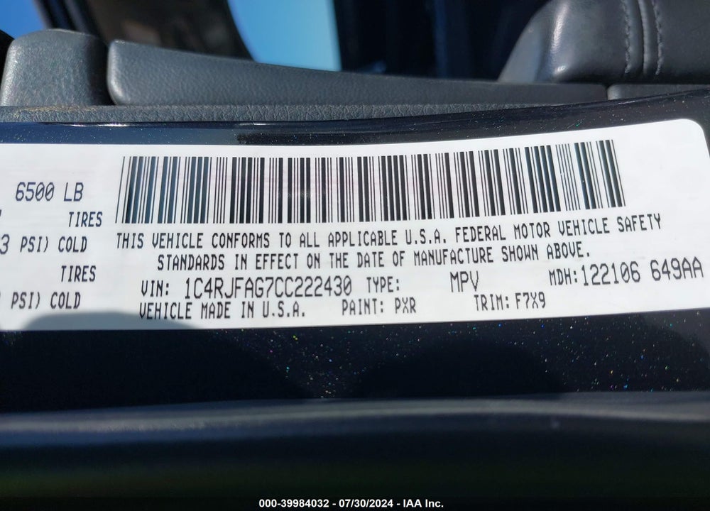2012 JEEP GRAND CHEROKEE LAREDO VIN: 1C4RJFAG7CC222430