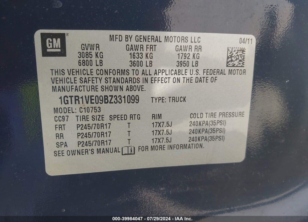 2011 GMC SIERRA 1500 SLE VIN: 1GTR1VE09BZ331099