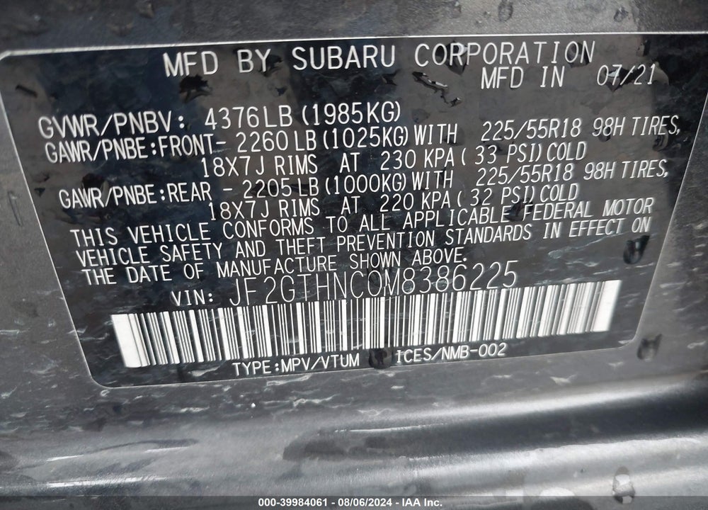 2021 SUBARU CROSSTREK LIMITED VIN: JF2GTHNC0M8386225