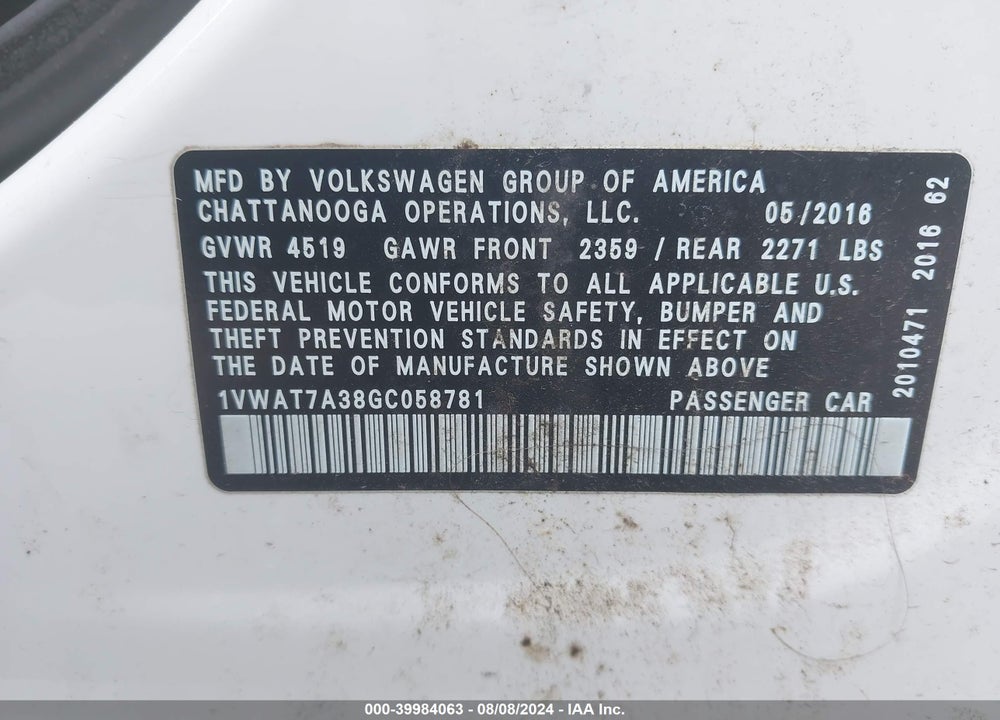 2016 VOLKSWAGEN PASSAT 1.8T S VIN: 1VWAT7A38GC058781