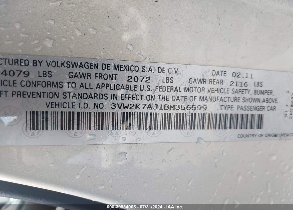 2011 VOLKSWAGEN JETTA 2.0L S VIN: 3VW2K7AJ1BM356599