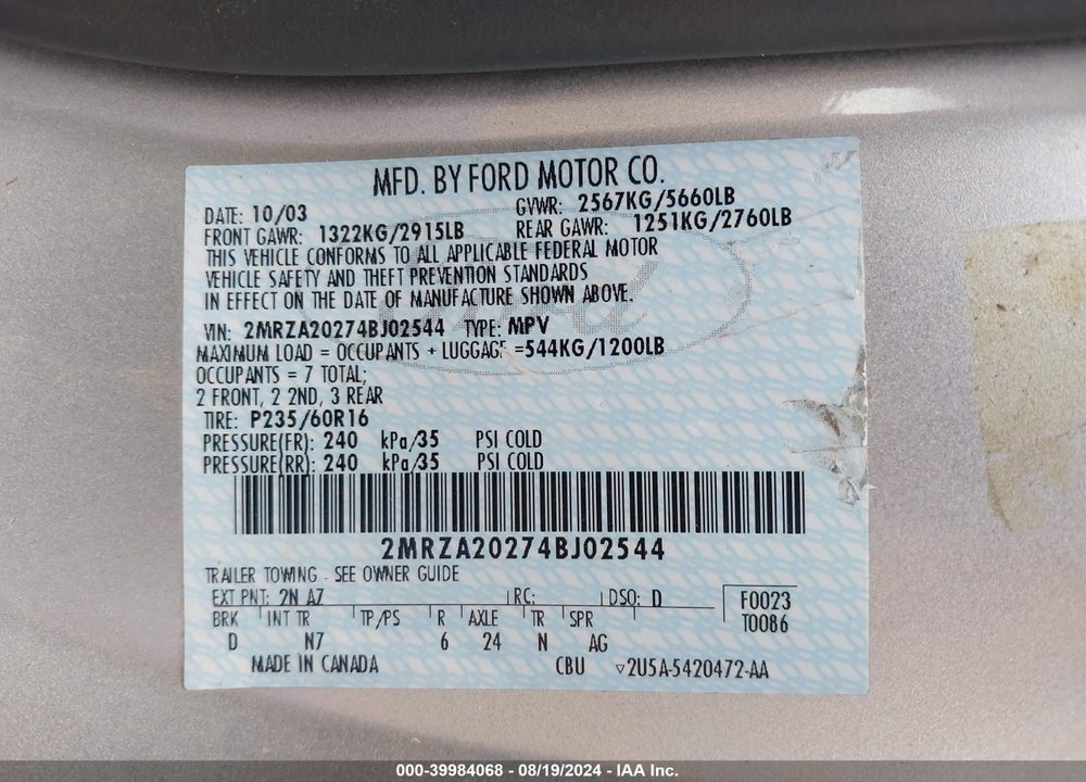 2004 MERCURY MONTEREY VIN: 2MRZA20274BJ02544