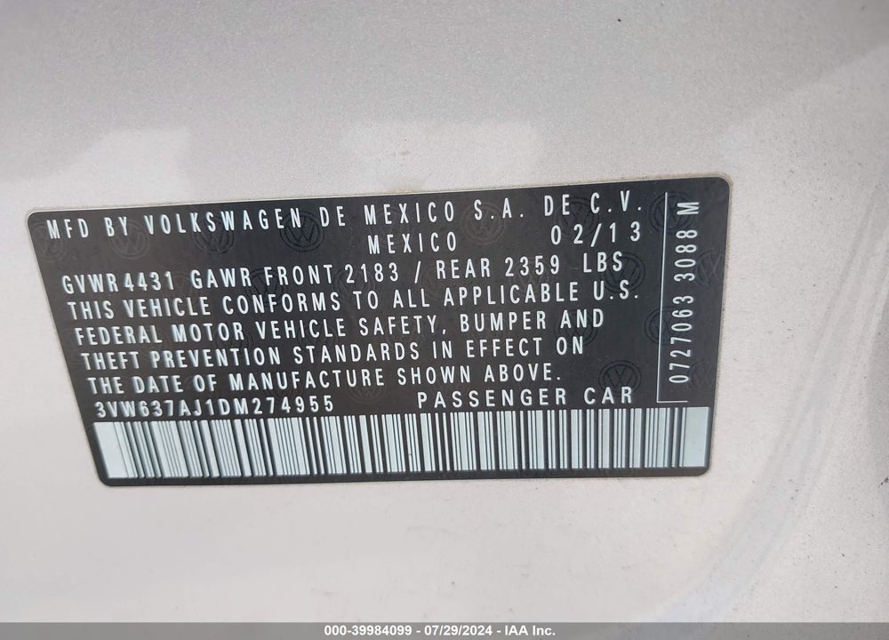 2013 VOLKSWAGEN JETTA HYBRID SEL VIN: 3VW637AJ1DM274955