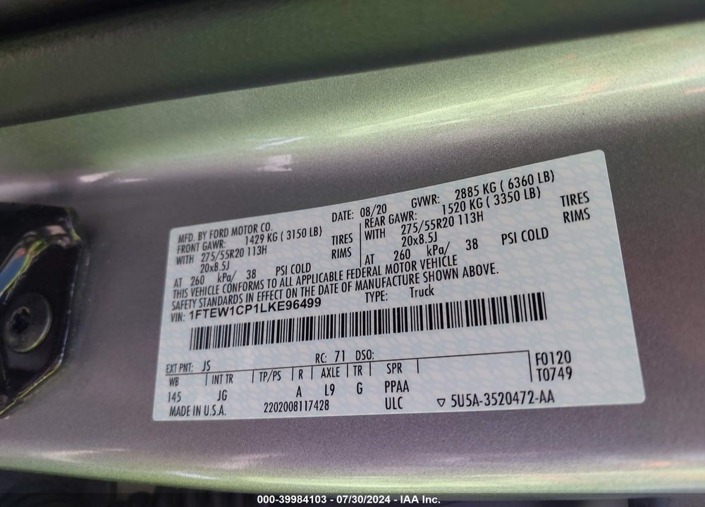 2020 FORD F-150 XL VIN: 1FTEW1CP1LKE96499