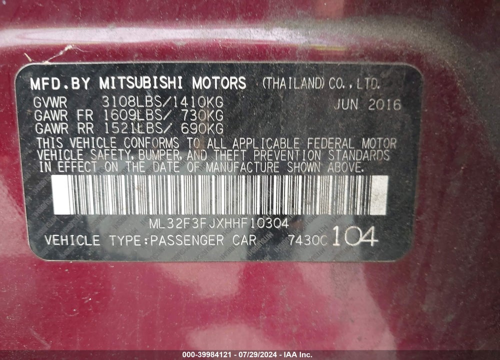 2017 MITSUBISHI MIRAGE G4 ES VIN: ML32F3FJXHHF10304