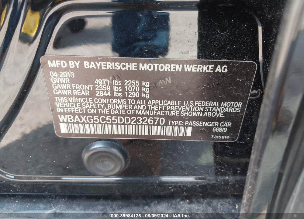2013 BMW 528I VIN: WBAXG5C55DD232670