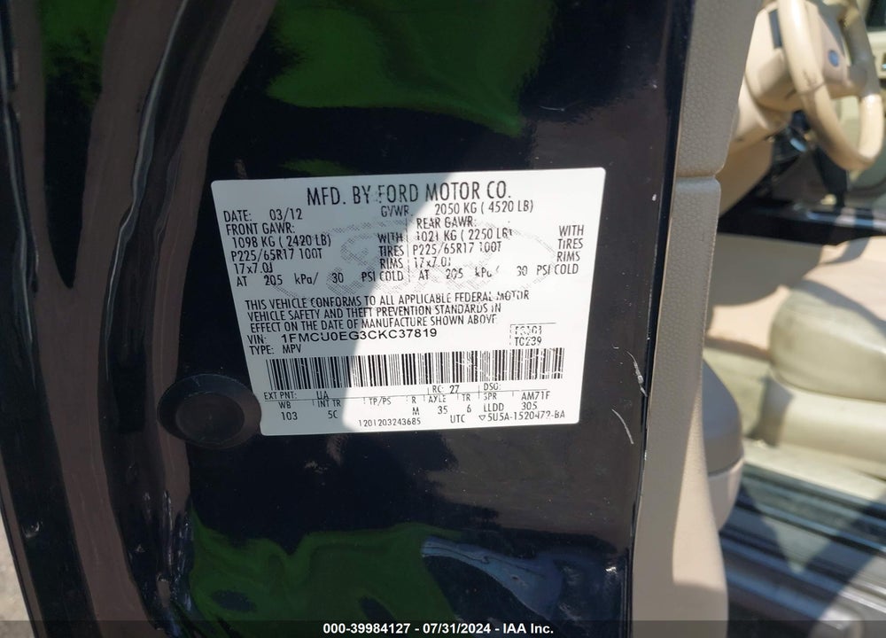 2012 FORD ESCAPE VIN: 1FMCU0EG3CKC37819