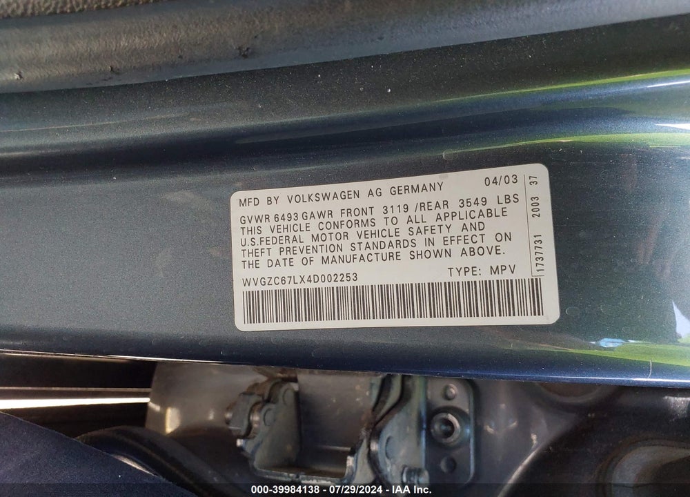 2004 VOLKSWAGEN TOUAREG V6 VIN: WVGZC67LX4D002253