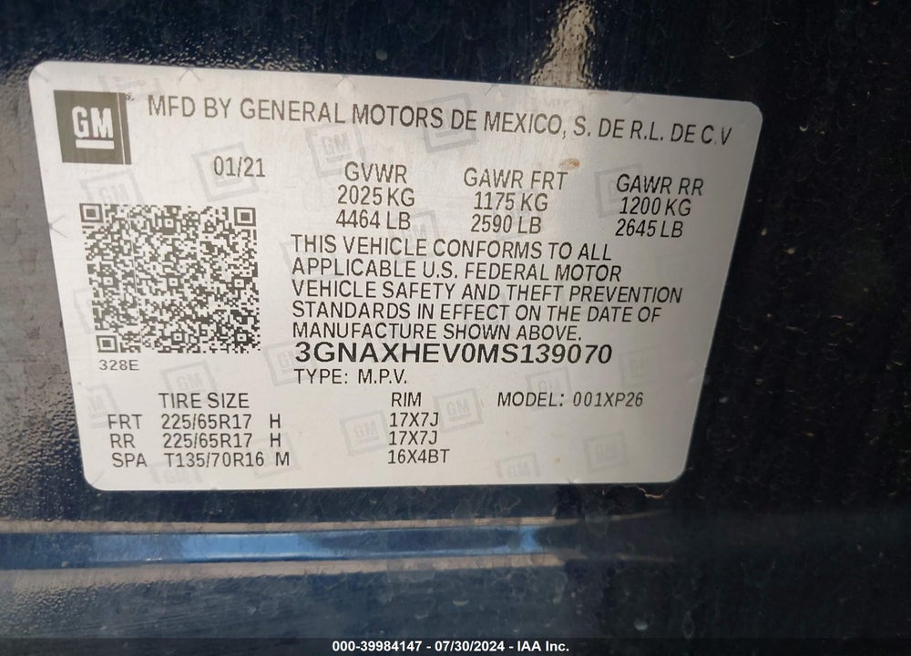 2021 CHEVROLET EQUINOX VIN: 3GNAXHEV0MS139070