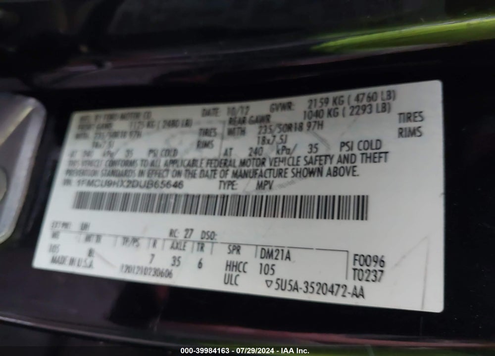 2013 FORD ESCAPE SEL VIN: 1FMCU9HX2DUB65646