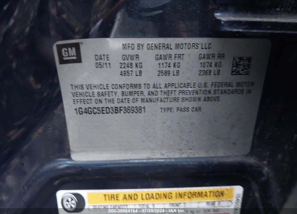 2011 BUICK LACROSSE VIN: 1G4GC5ED3BF369381