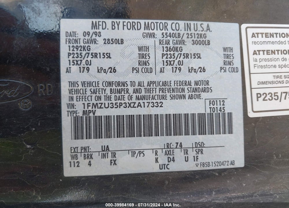 1999 FORD EXPLORER EDDIE BAUER/LIMITED/XLT VIN: 1FMZU35P3XZA17332
