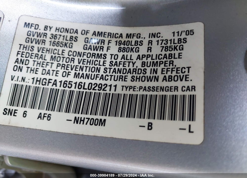 2006 HONDA CIVIC LX VIN: 1HGFA16516L029211