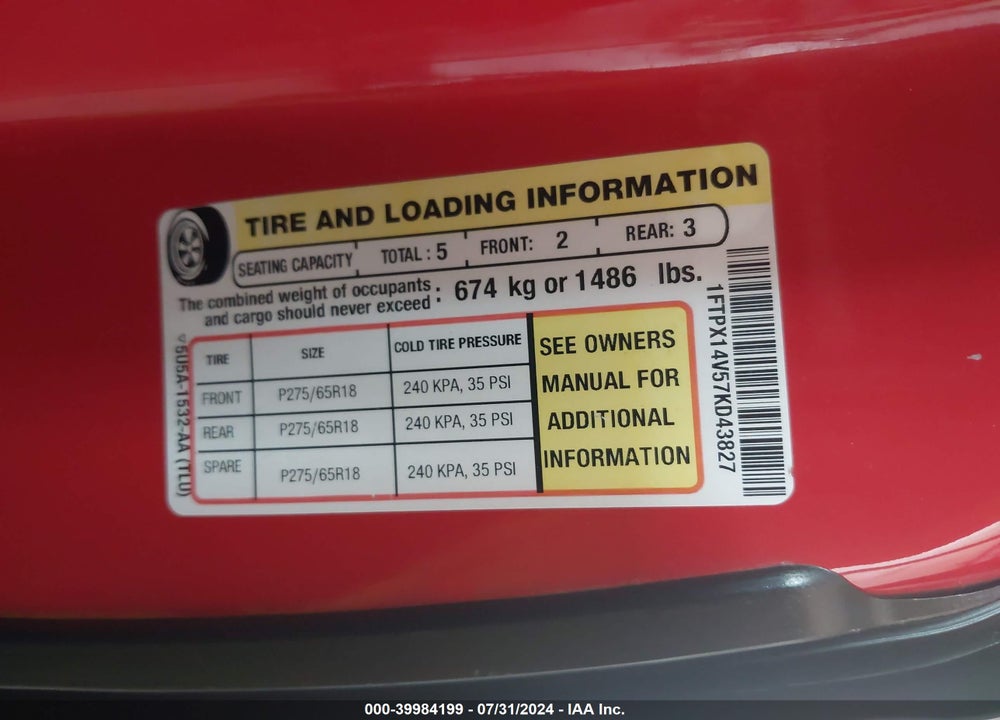 2007 FORD F-150 FX4/LARIAT/XL/XLT VIN: 1FTPX14V57KD43827