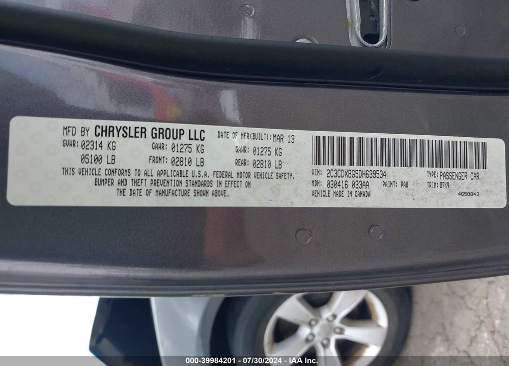 2013 DODGE CHARGER SE VIN: 2C3CDXBG5DH639534