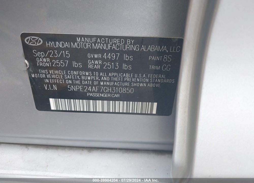 2016 HYUNDAI SONATA SE VIN: 5NPE24AF7GH310850