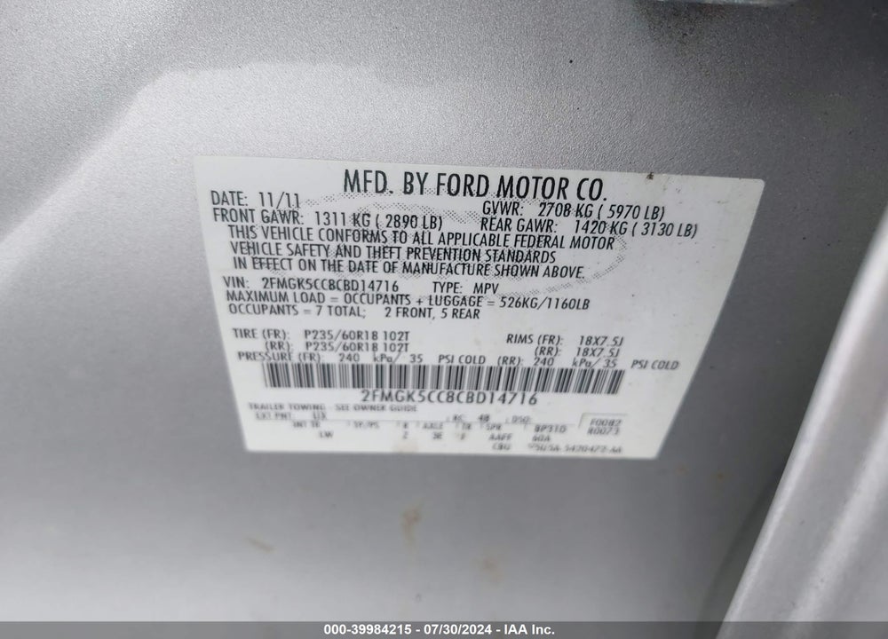 2012 FORD FLEX SEL VIN: 2FMGK5CC8CBD14716