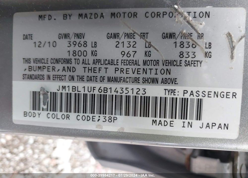 2011 MAZDA 3 I SPORT VIN: JM1BL1UF6B1435123