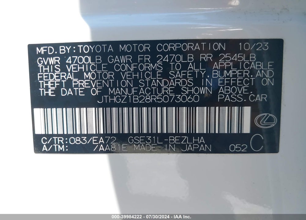 2024 LEXUS IS 350 F-SPORT VIN: JTHGZ1B28R5073060