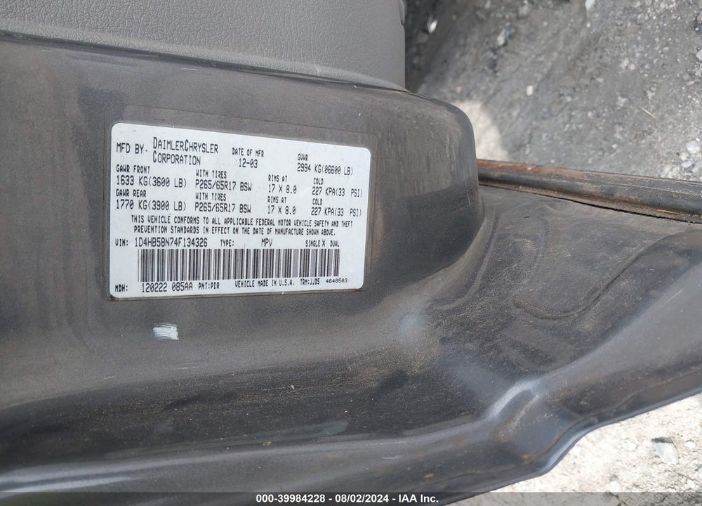 2004 DODGE DURANGO LIMITED VIN: 1D4HB58N74F134326