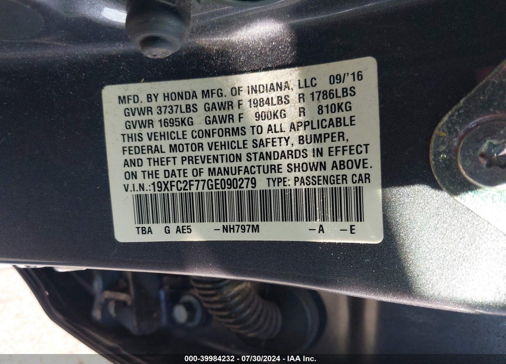 2016 HONDA CIVIC EX VIN: 19XFC2F77GE090279