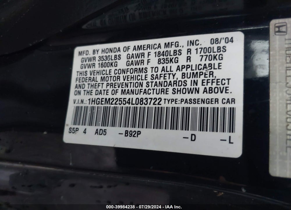 2004 HONDA CIVIC LX VIN: 1HGEM22554L083722