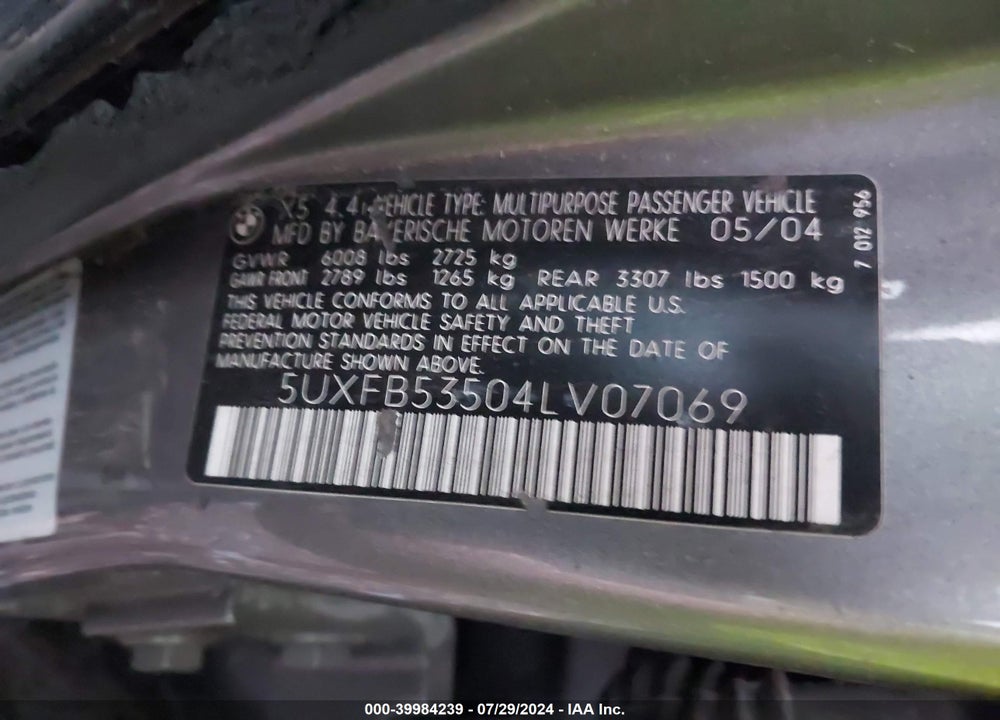 2004 BMW X5 VIN: 5UXFB53504LV07069